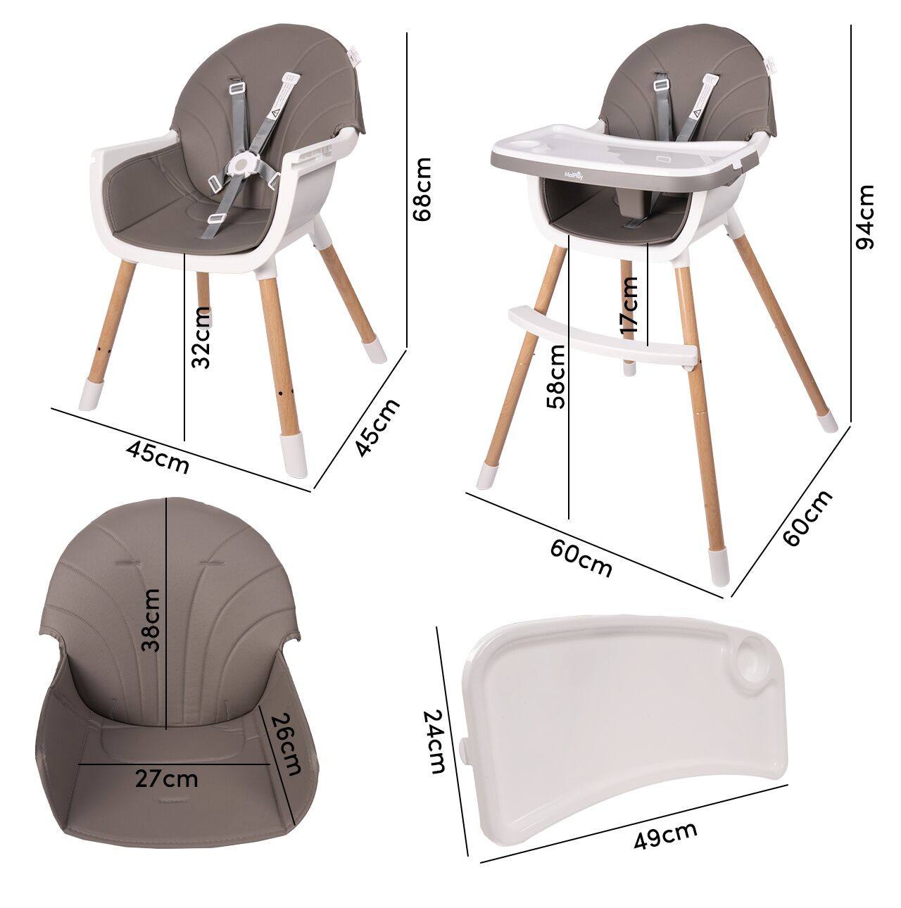 Scaun inalt 3 in 1 pentru hranire, reglabil, cu centuri de siguranta, MalPlay 113158