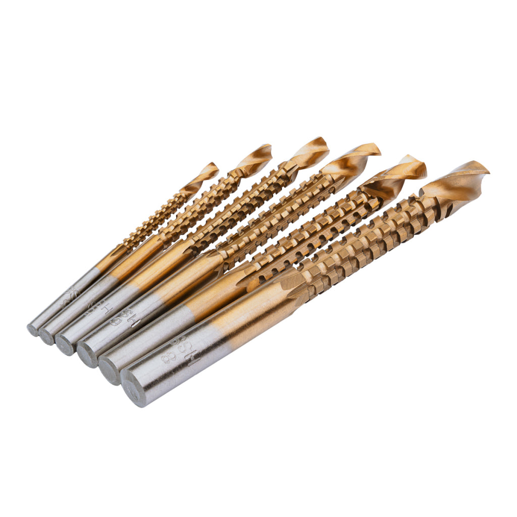 Set 6 burghie tip freza combinata, HSS TiN 1/4" CYL, diametre 3-8mm, Raider 150694