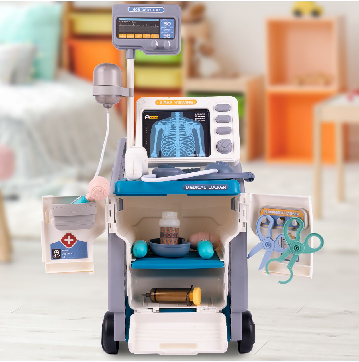 Set de joaca carucior medical mobil pe roti, 15 accesorii esentiale incluse, efecte sonore, 56.5 x 23 x 20 cm, MalPlay 110264