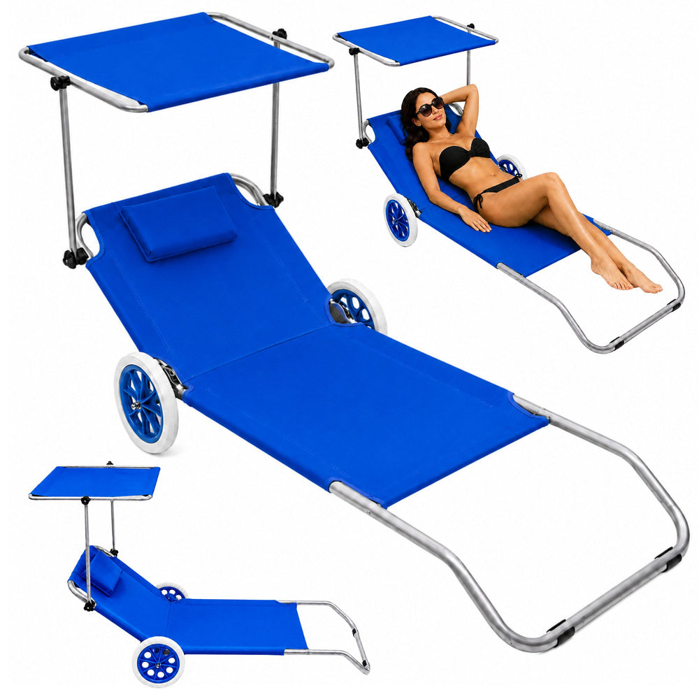 Sezlong plaja cu roti si cadru din aluminiu, 150 x 60 cm, albastru, Lean 29252