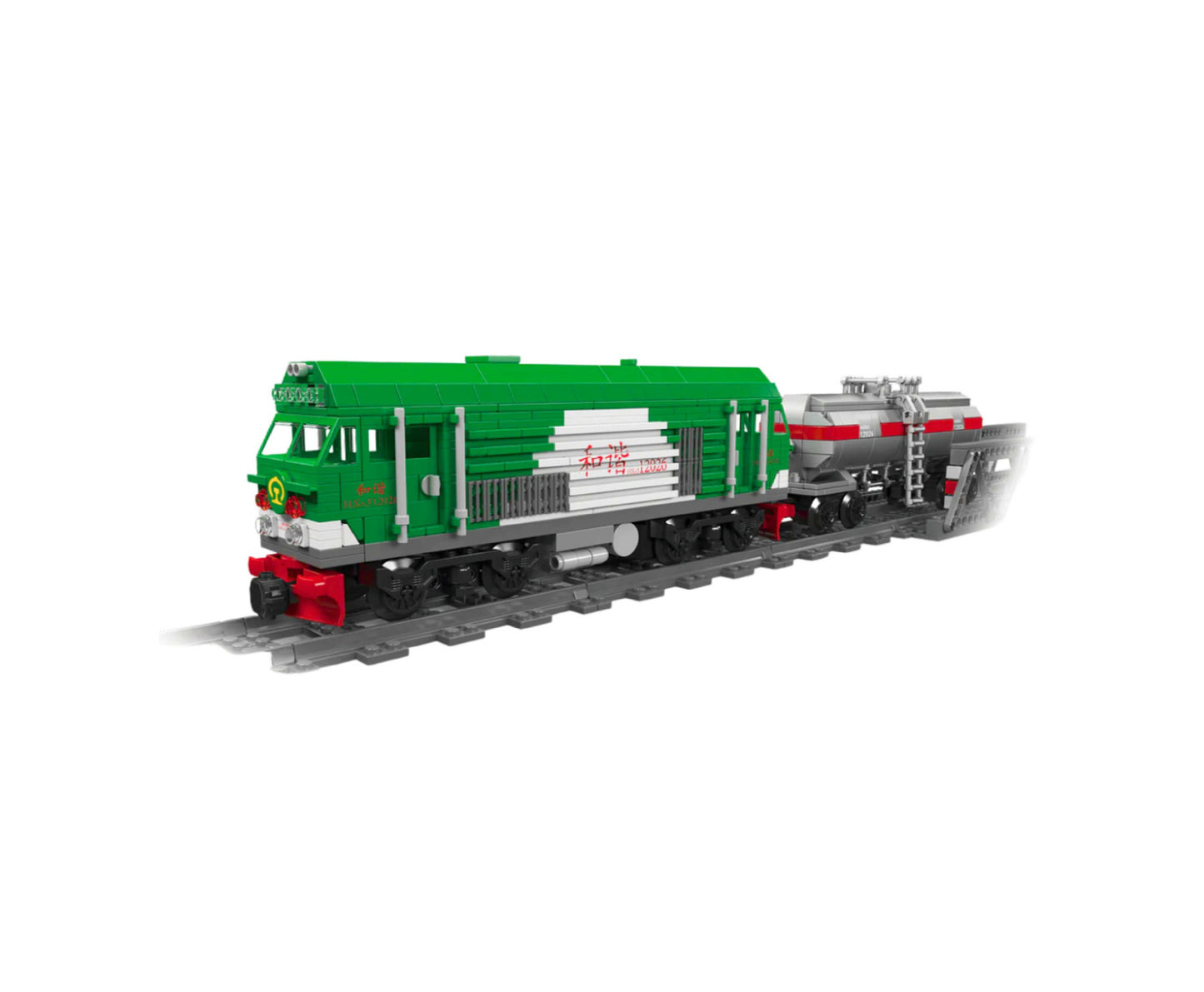 Set blocuri de constructie tren cu cisterna, telecomanda, verde, 51,3x10,1x7,2cm, 1090 piese, Lean 23652