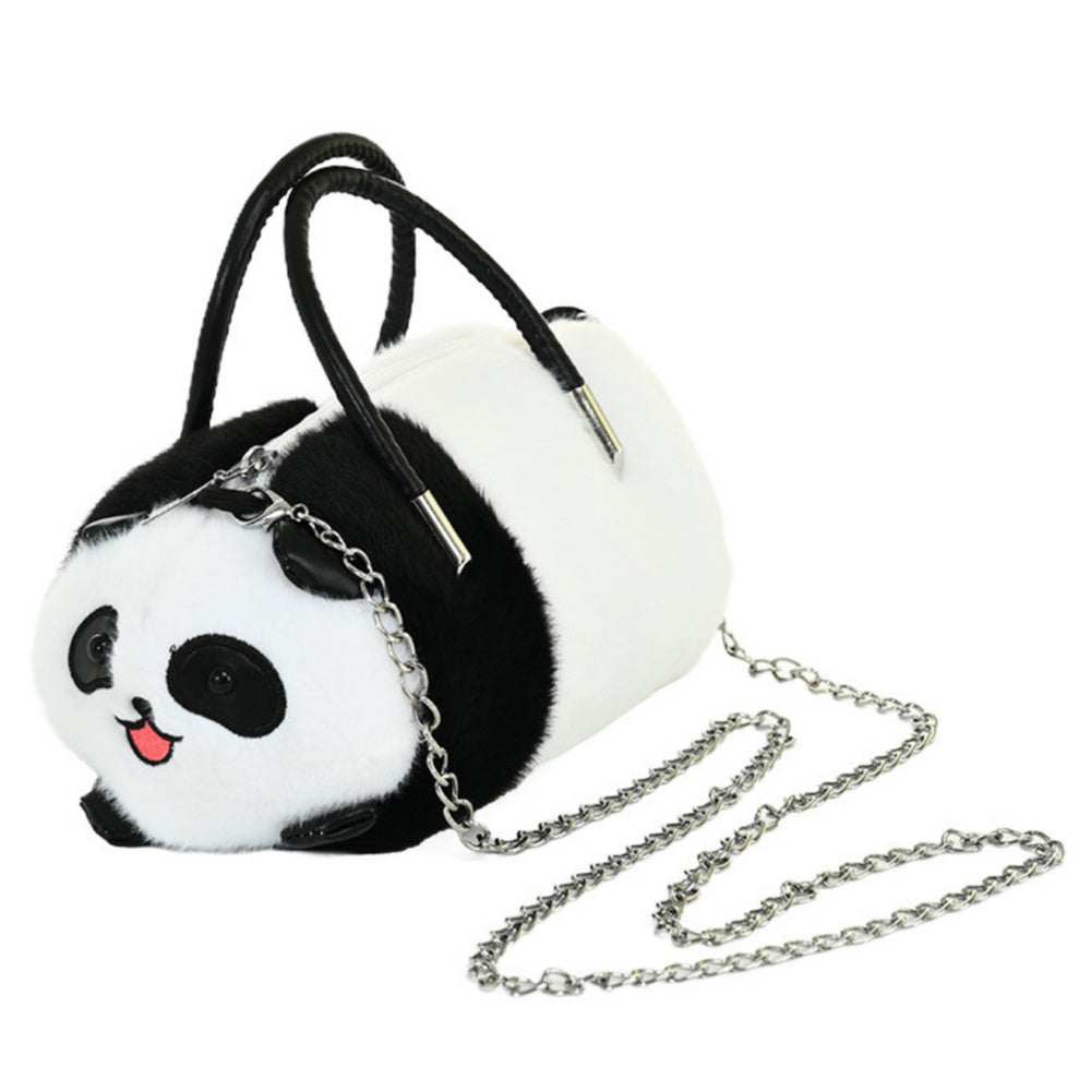 Geanta plusata panda, 20 x 12 x 10 cm, lant metalic, alb / negru, Lean 22441