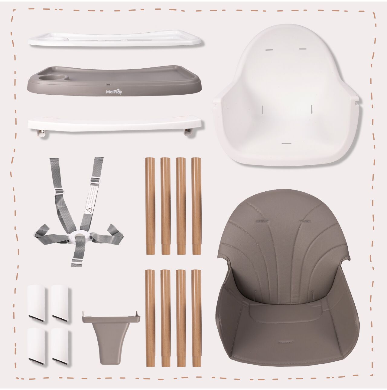 Scaun inalt 3 in 1 pentru hranire, reglabil, cu centuri de siguranta, MalPlay 113158