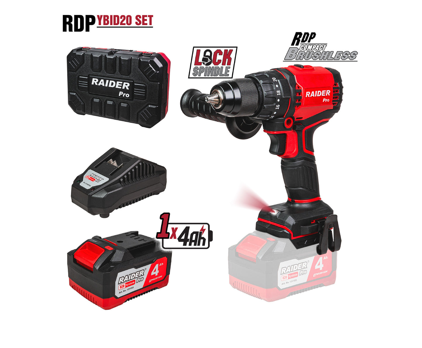 Masina de gaurit cu percutie cu acumulator RDP-YBID20, 20 V, 4 Ah, 60 Nm, Raider 030263