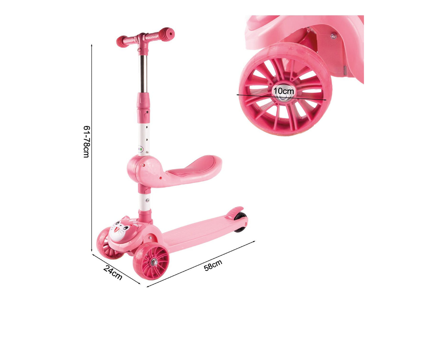 Trotineta pliabila cu 3 roti iluminate LED pisicuta 2 in 1, roz, MalPlay 112313