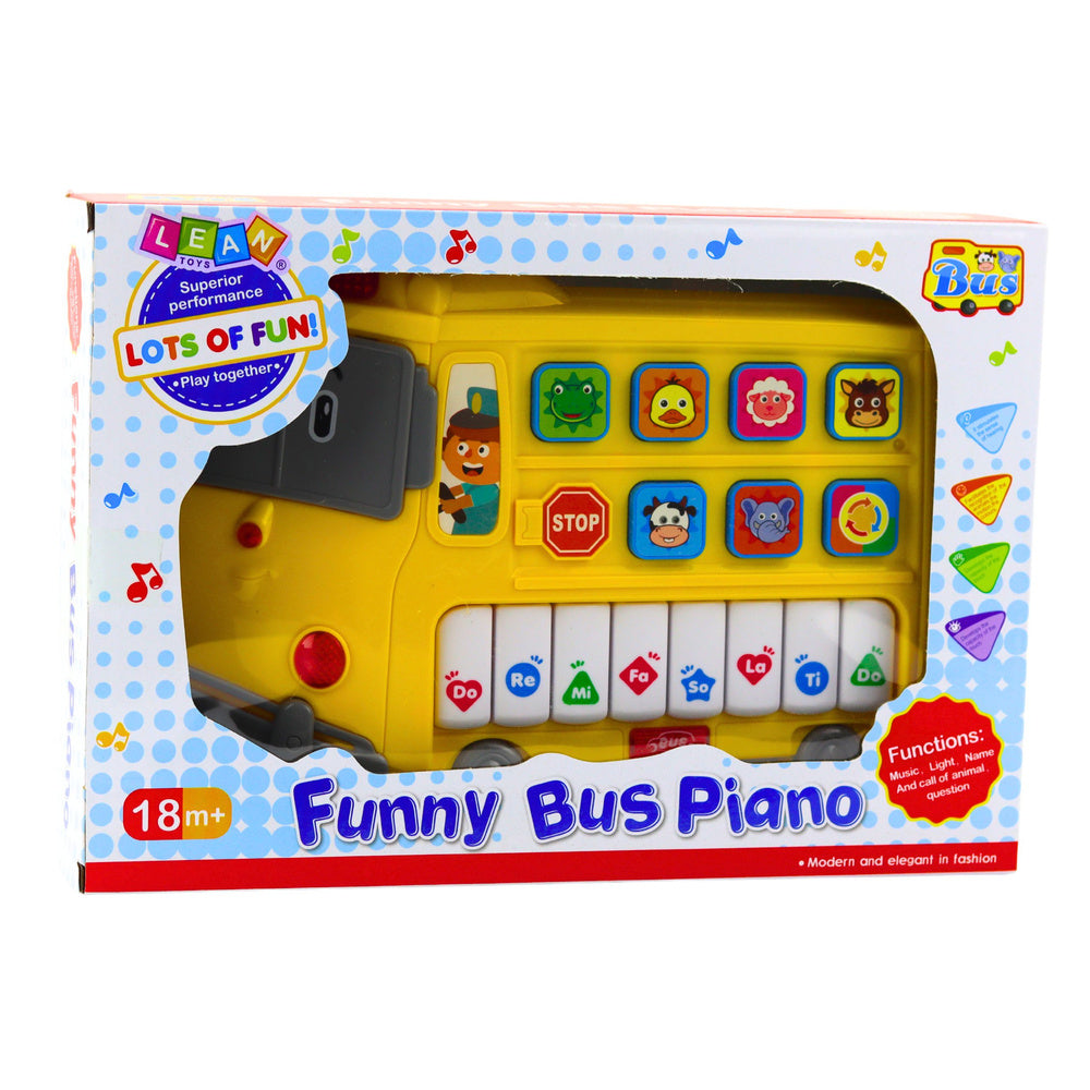 Pian educational autobuz galben, 6 butoane cu animale, 8 clape muzicale, 23 x 18 x 6 cm, Lean 23717