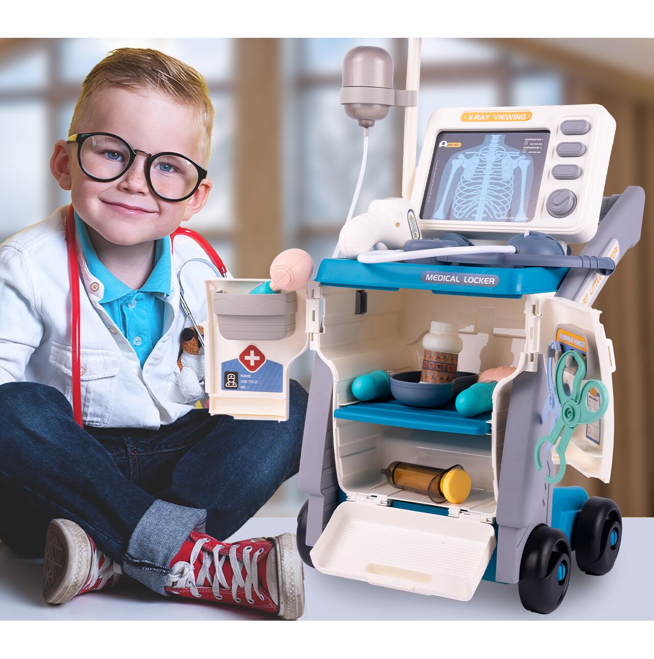 Set de joaca carucior medical mobil pe roti, 15 accesorii esentiale incluse, efecte sonore, 56.5 x 23 x 20 cm, MalPlay 110264