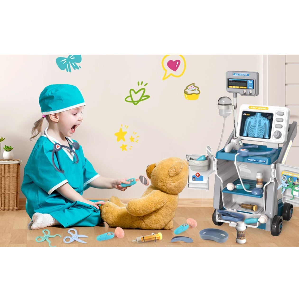 Set de joaca carucior medical mobil pe roti, 15 accesorii esentiale incluse, efecte sonore, 56.5 x 23 x 20 cm, MalPlay 110264
