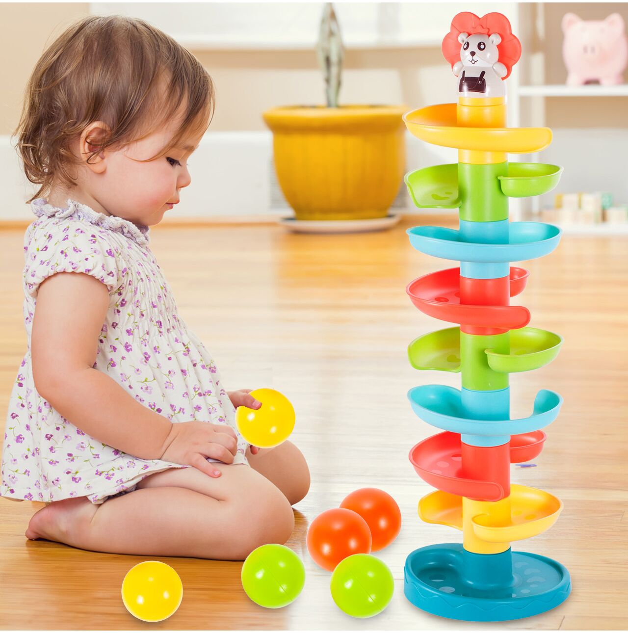 Jucarie pentru copii tobogan spiralat multicolor, inaltime 60 cm, 6 bilute, MalPlay 108092