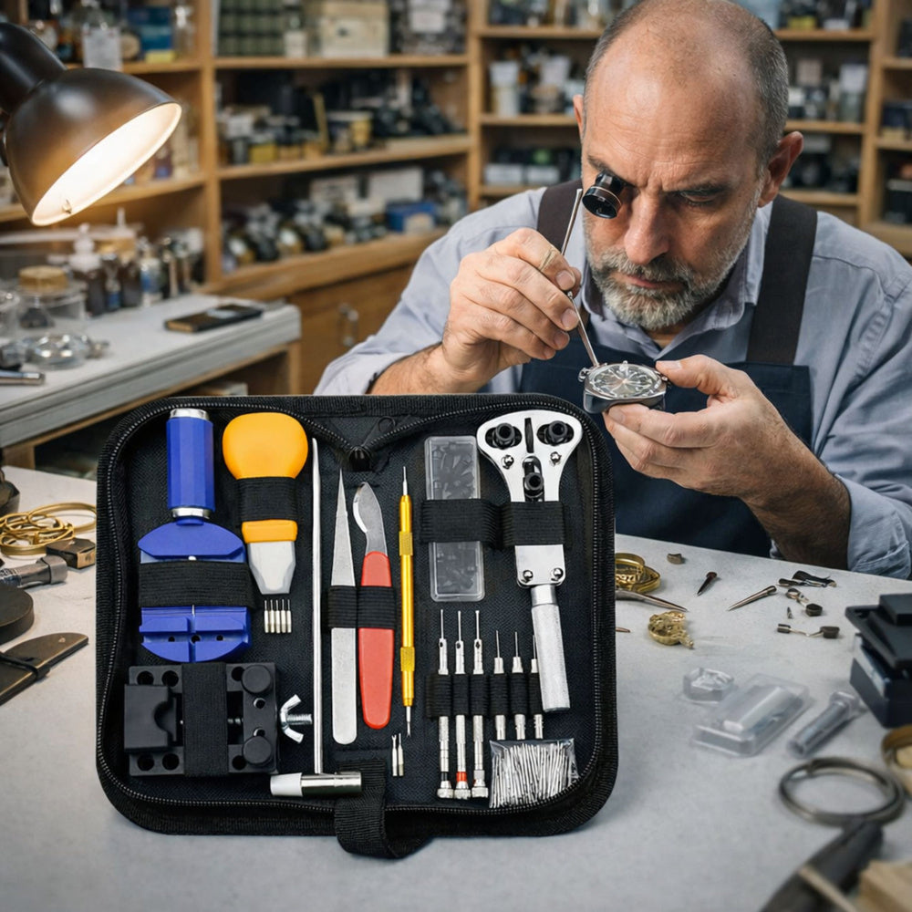 Set unelte pentru repararea ceasurilor din inox si aluminiu, 21 x 10 x 5.5 cm, Lean 26744