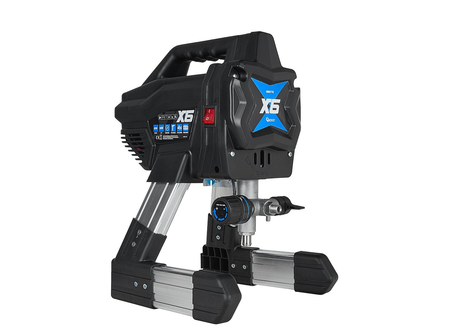 Agregat de vopsire hidrodinamic X6, 650 W, 200 bar, debit 1,4 l/min, cu pistol X-450 Si furtun de 7,5 m, Geko G80775