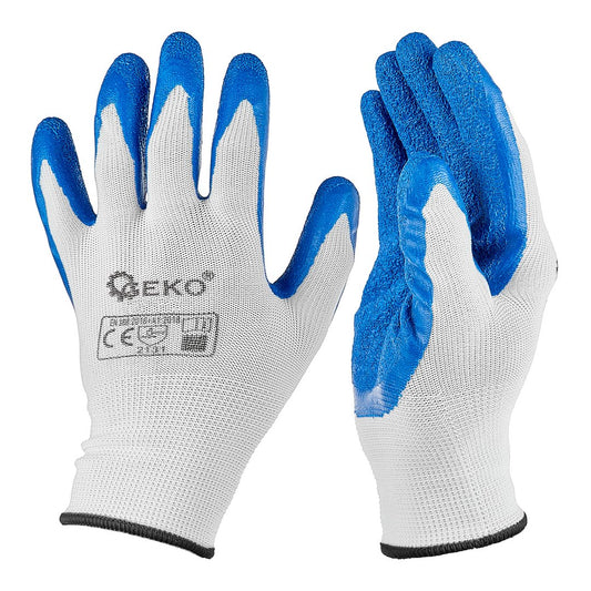Manusi de protectie din poliester si acoperite cu latex, marimea 10, alb / albastru, Geko G75049
