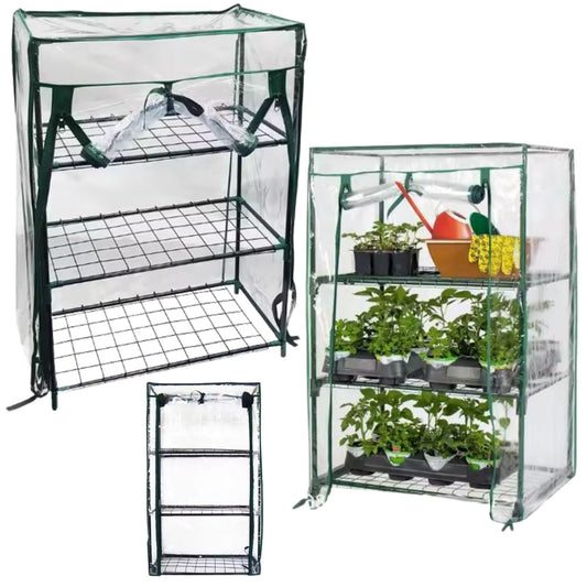 Mini sera pentru balcon, 3 rafturi metalice, folie PVC, 46 x 24 x 80 cm, Lean 26614