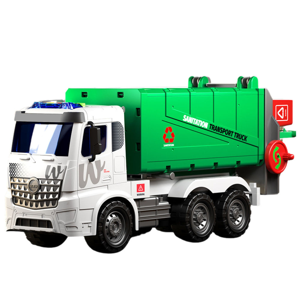 Camion de gunoi cu functie de ridicare, 2 lumini pentru pubele, efecte sonore, verde, Lean 23121