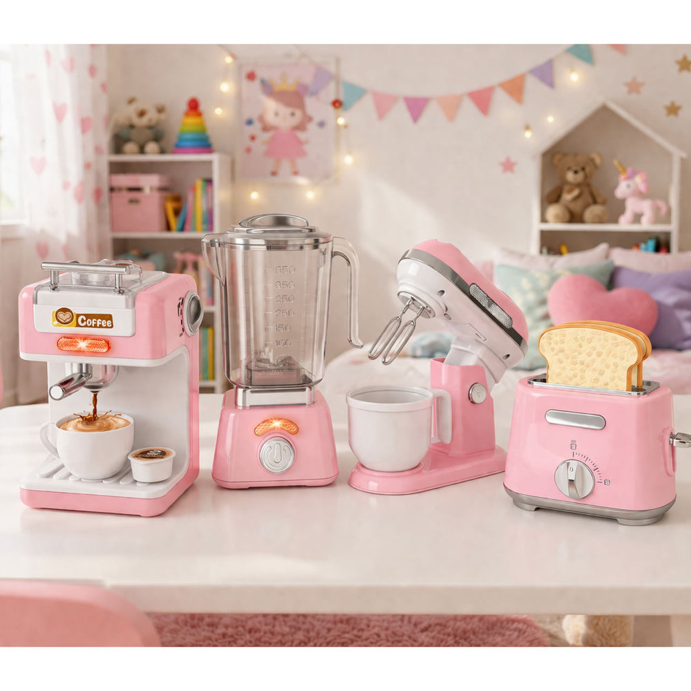 Set mini electrocasnice de jucarie cu efecte sonore si luminoase, roz, Lean 31188