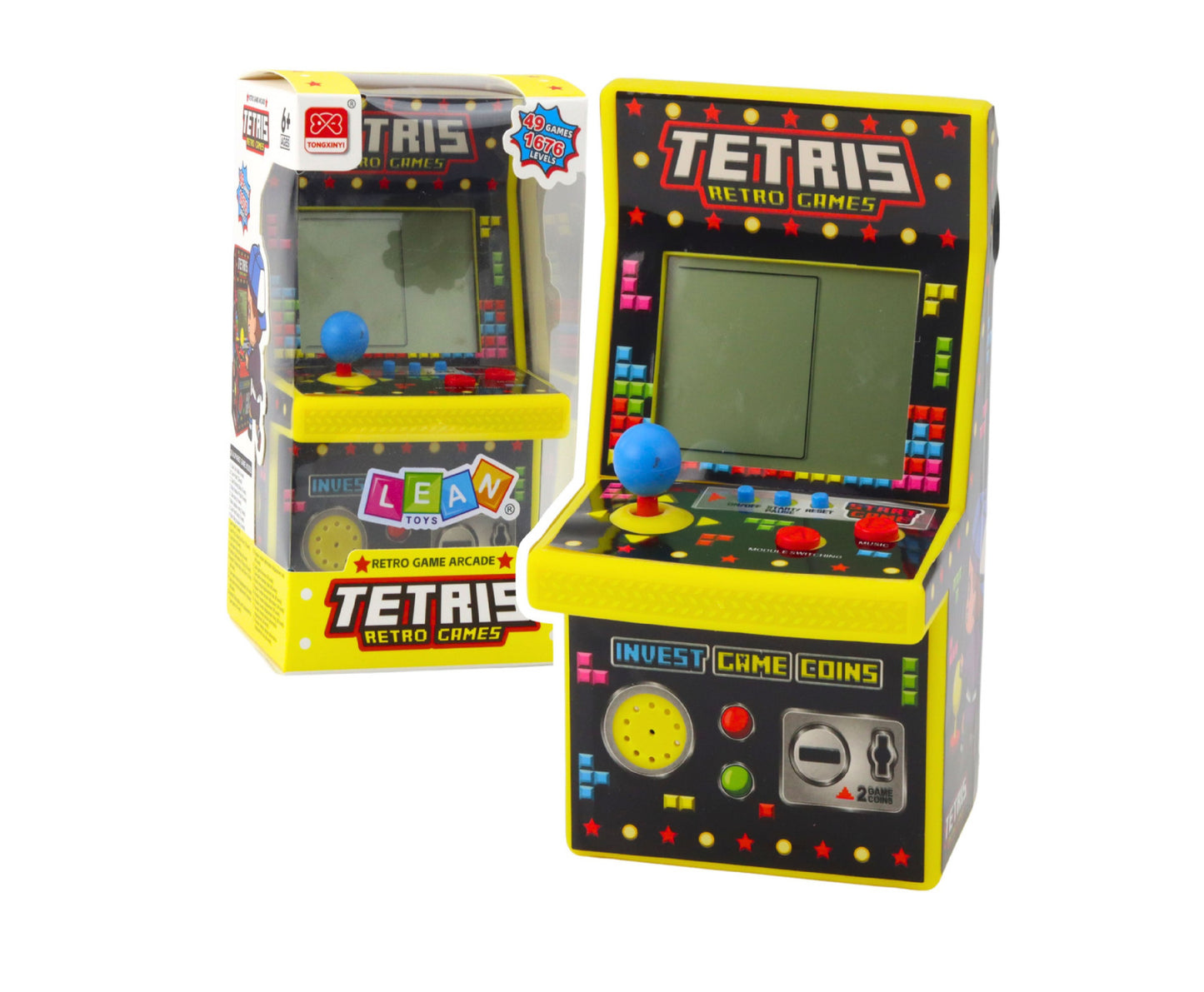 Mini automat de joc Tetris, 49 jocuri, 1676 niveluri, 16 x 9 x 8.5 cm, galben, Lean 23493