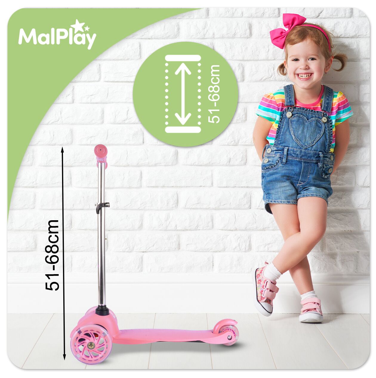Trotineta cu 3 roti pentru copii cu roti luminoase LED, roz, MalPlay 111334