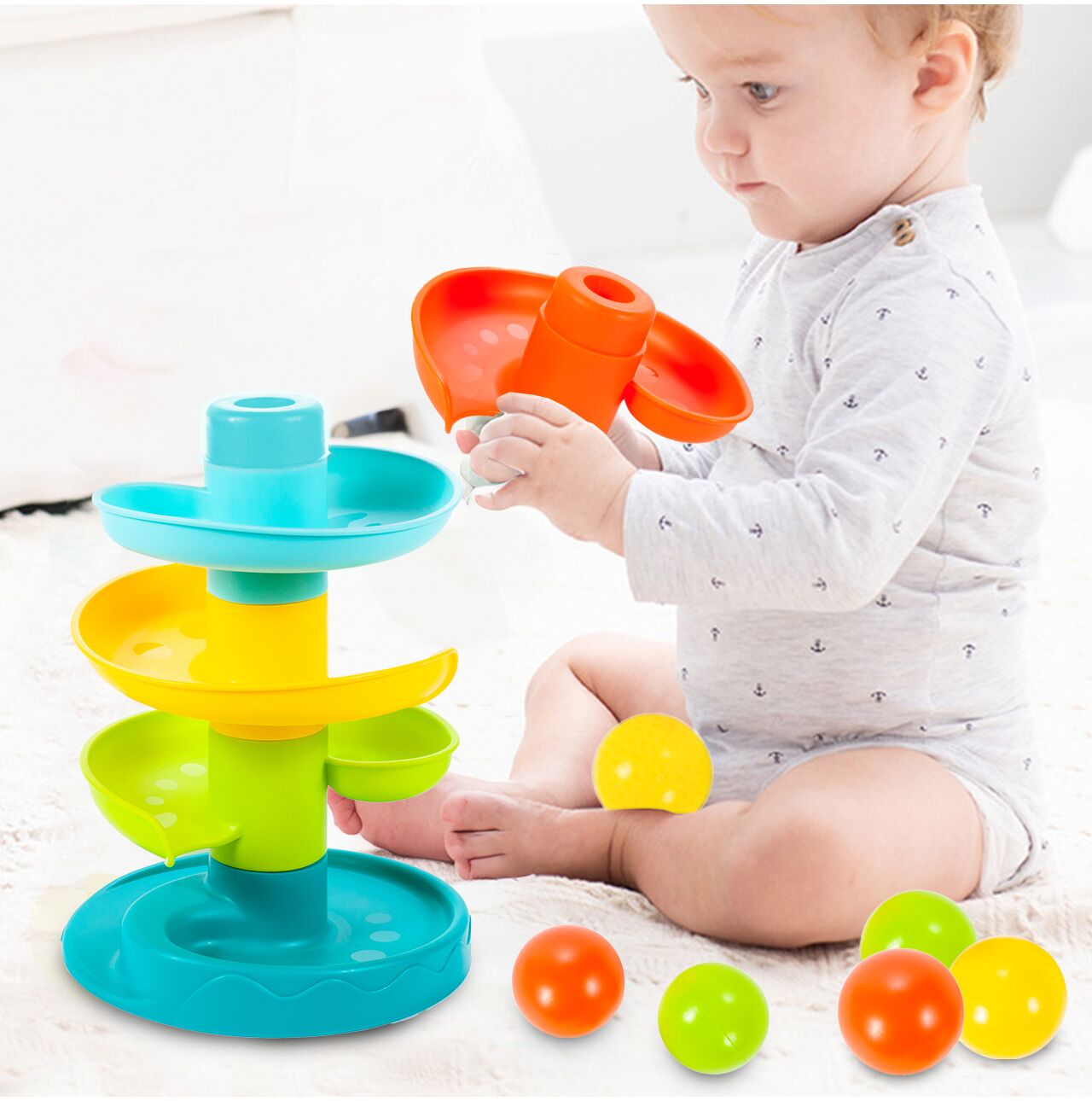 Jucarie pentru copii tobogan spiralat multicolor, inaltime 60 cm, 6 bilute, MalPlay 108092