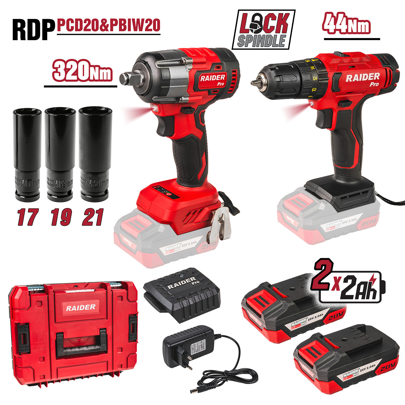 Set masina de insurubat cu impact si cheie de impact RDP-PCDIW20, 1 / 2", 320 Nm, 2 x 2 Ah, Raider 030253
