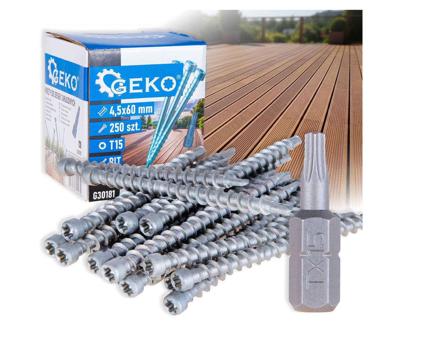 Set suruburi pentru terasa, 4.5 mm x 60 mm, bit T15, 250 bucati, Geko G30181