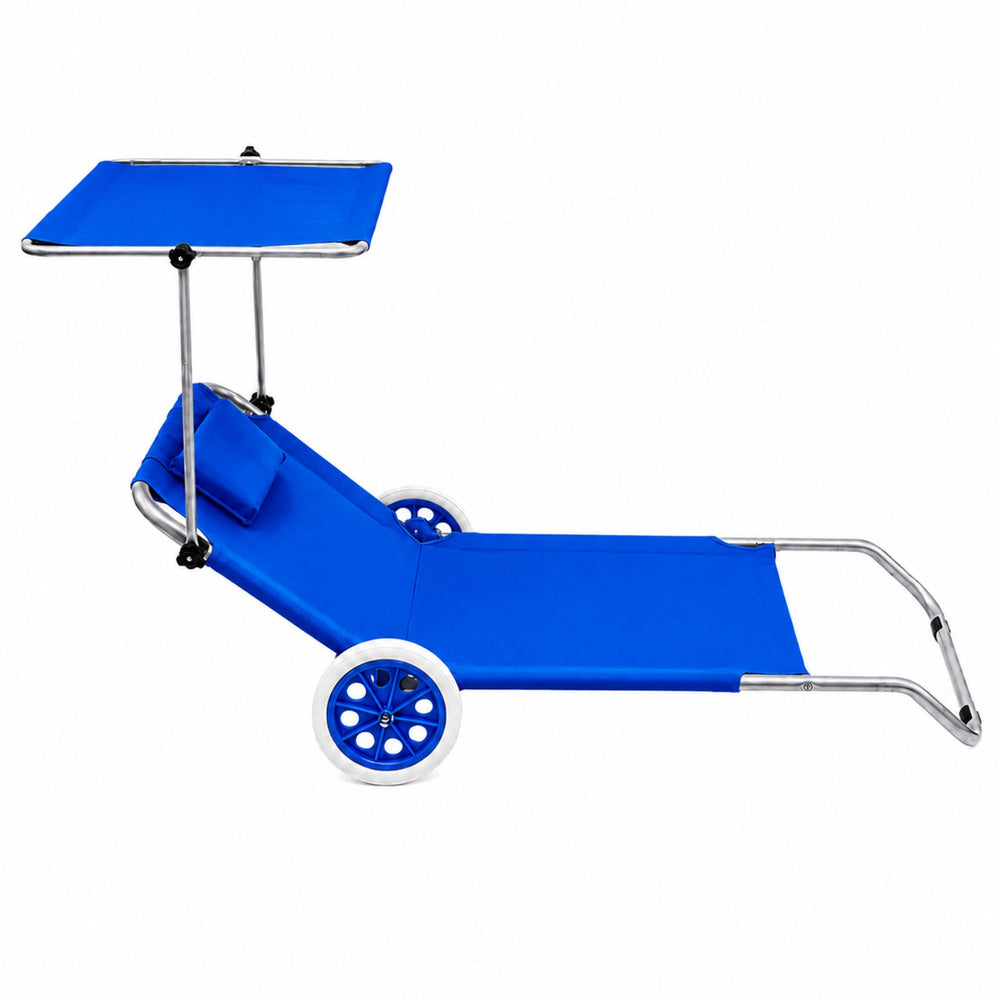 Sezlong plaja cu roti si cadru din aluminiu, 150 x 60 cm, albastru, Lean 29252