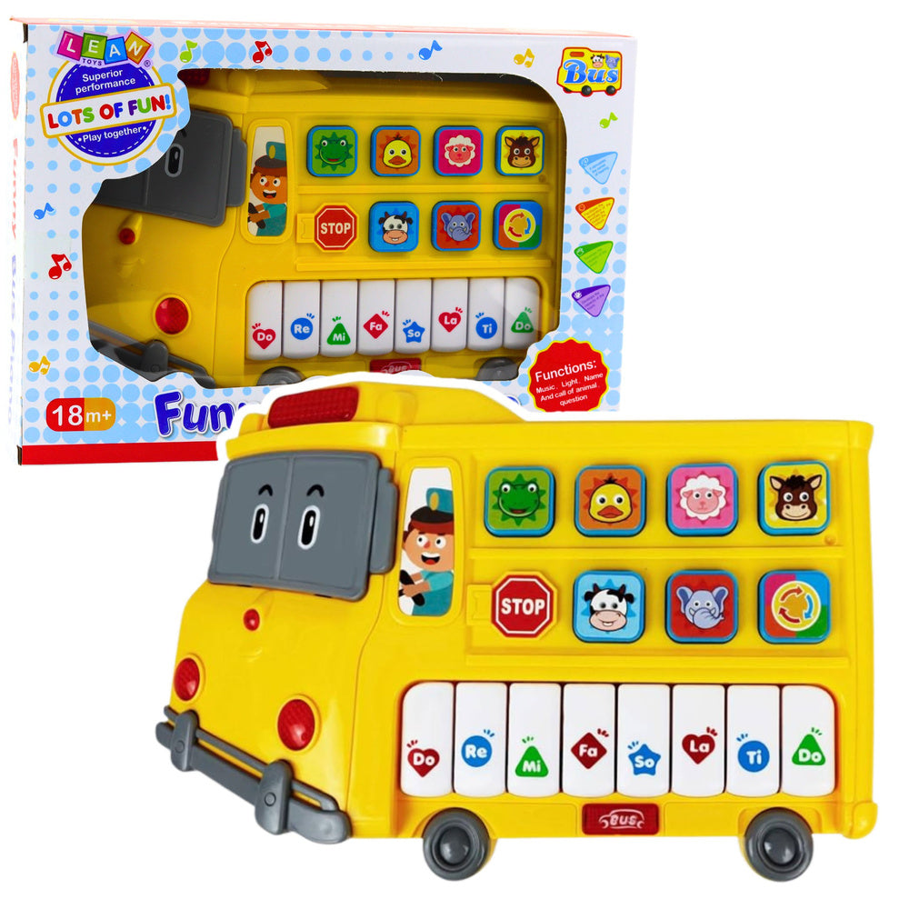Pian educational autobuz galben, 6 butoane cu animale, 8 clape muzicale, 23 x 18 x 6 cm, Lean 23717