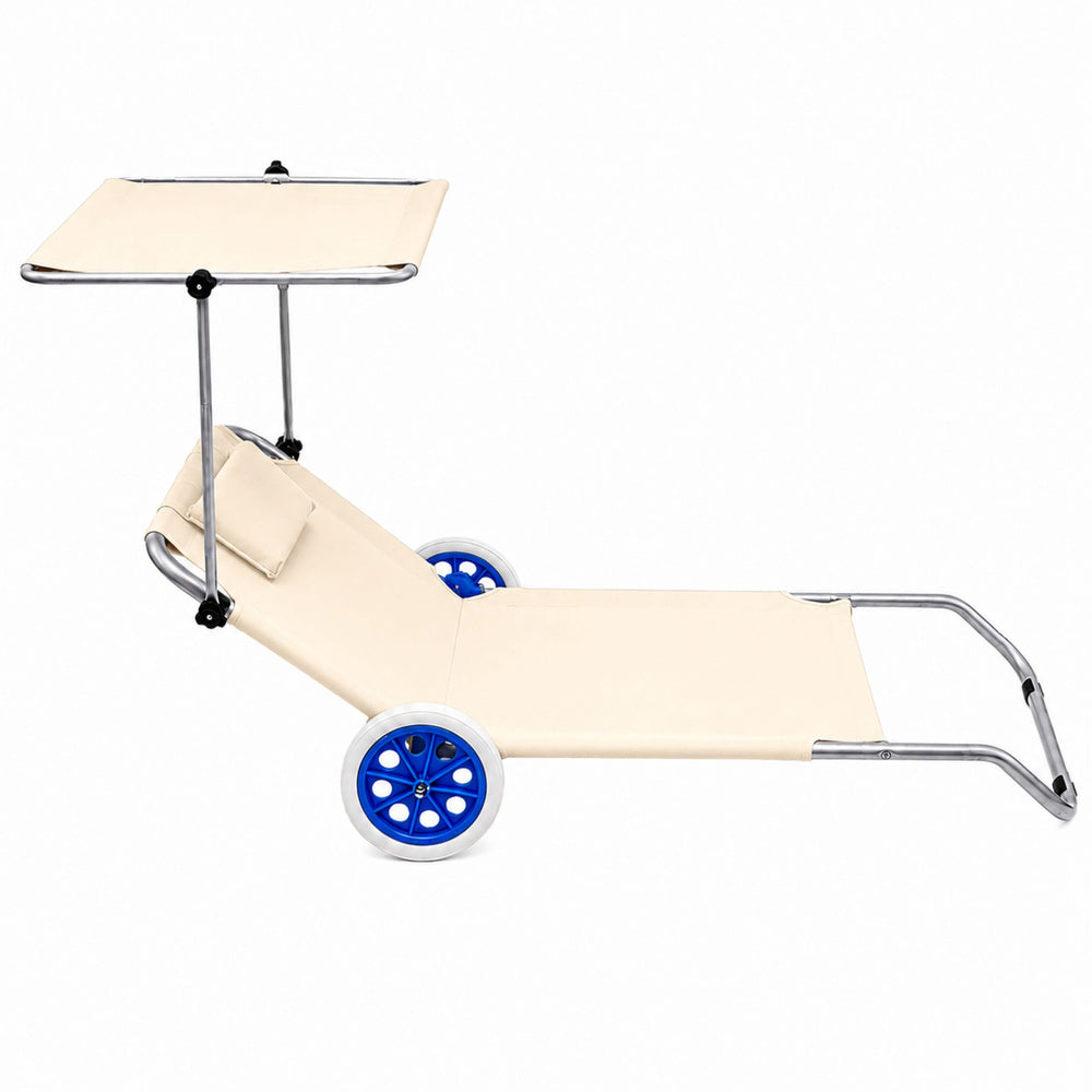Sezlong pliabil pentru gradina cu roti si copertina, 150 x 60 cm, alb, Lean 30547