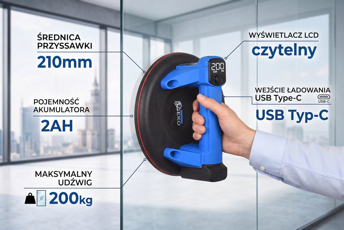 Suport pentru ventuza cu acumulator, 210mm, capacitate maxima 200kg, 4.0Ah 3.7V, Geko G80674