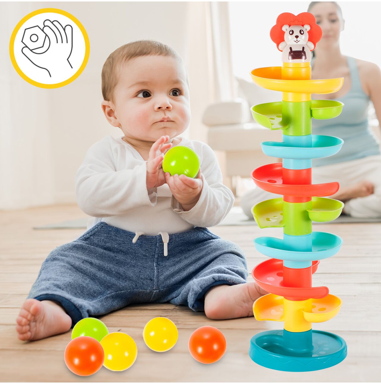 Jucarie pentru copii tobogan spiralat multicolor, inaltime 60 cm, 6 bilute, MalPlay 108092