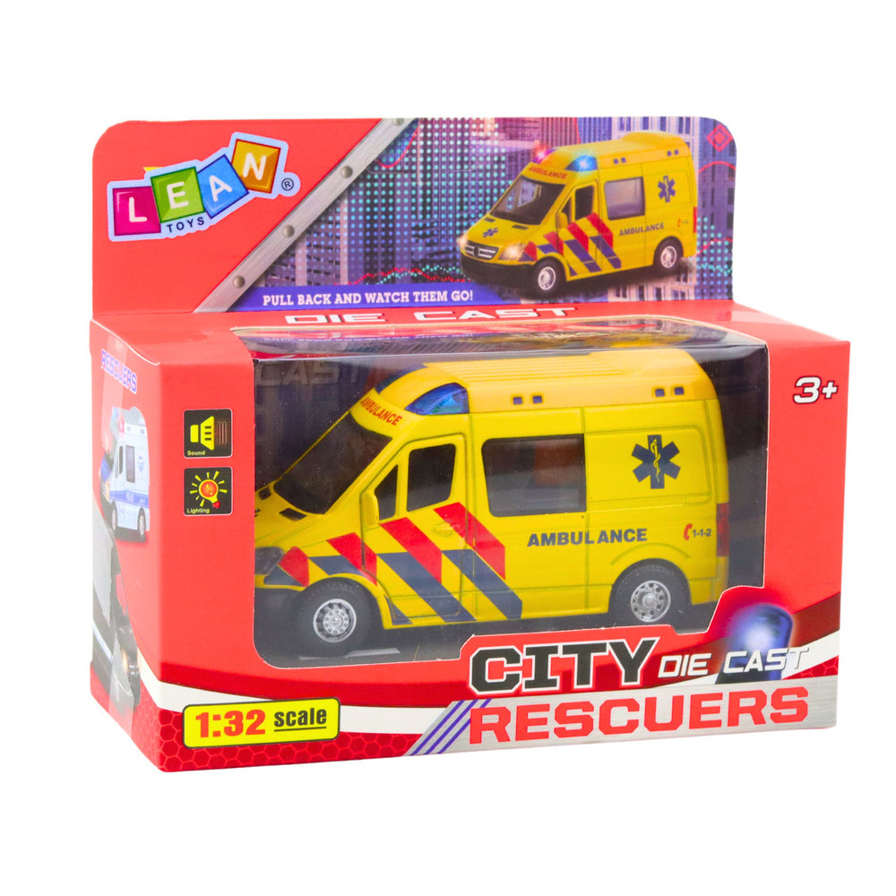 Ambulanta metalica cu efecte sonore si luminoase, galben, Lean 23181