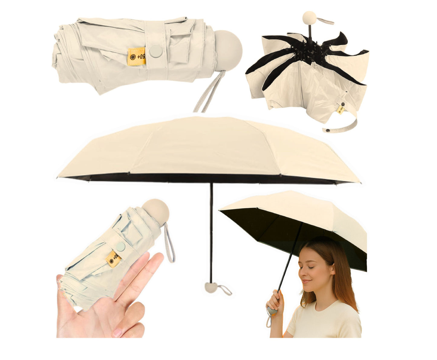 Umbrela pliabila cu protectie UV UPF 50+, 90 cm, husa bej, Lean 27698