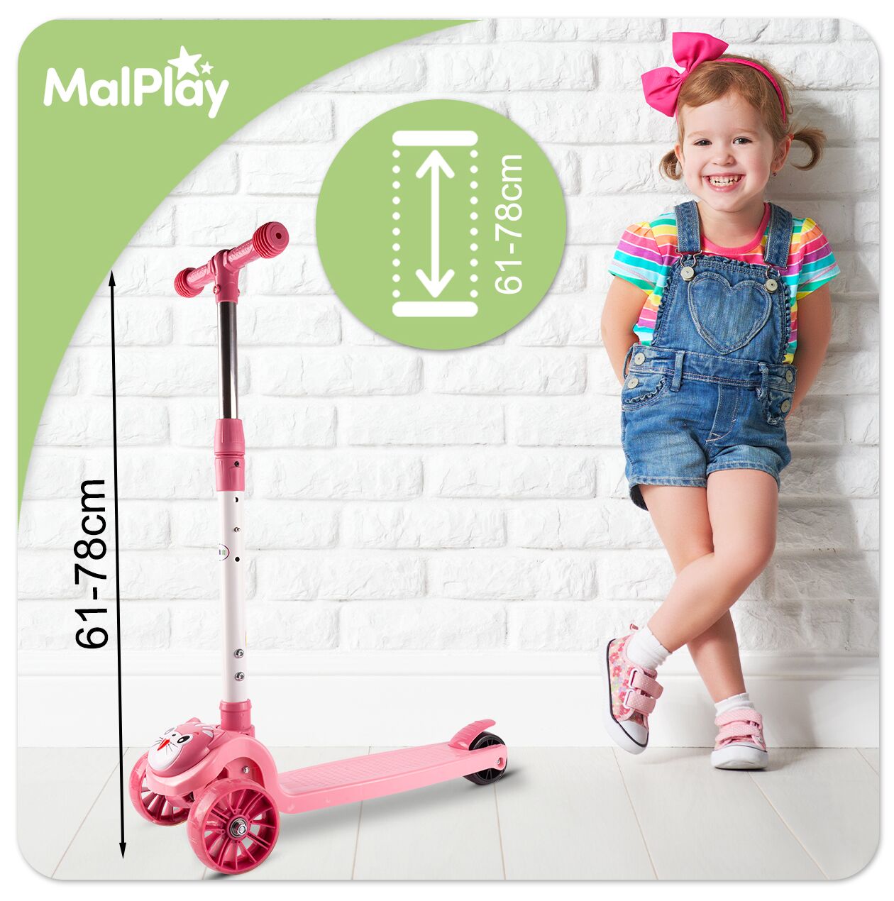 Trotineta pliabila cu 3 roti iluminate LED pisicuta 2 in 1, roz, MalPlay 112313