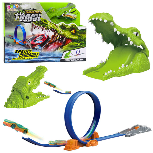 Pista de masinute cu catapulta si crocodil, 35 x 25 x 10 cm, verde, Lean 23200