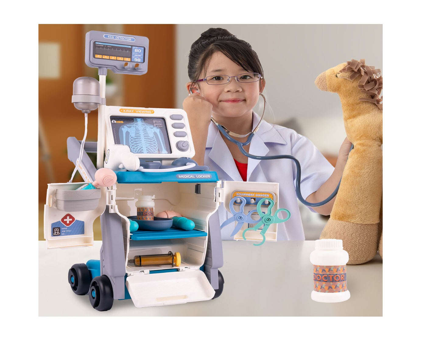 Set de joaca carucior medical mobil pe roti, 15 accesorii esentiale incluse, efecte sonore, 56.5 x 23 x 20 cm, MalPlay 110264