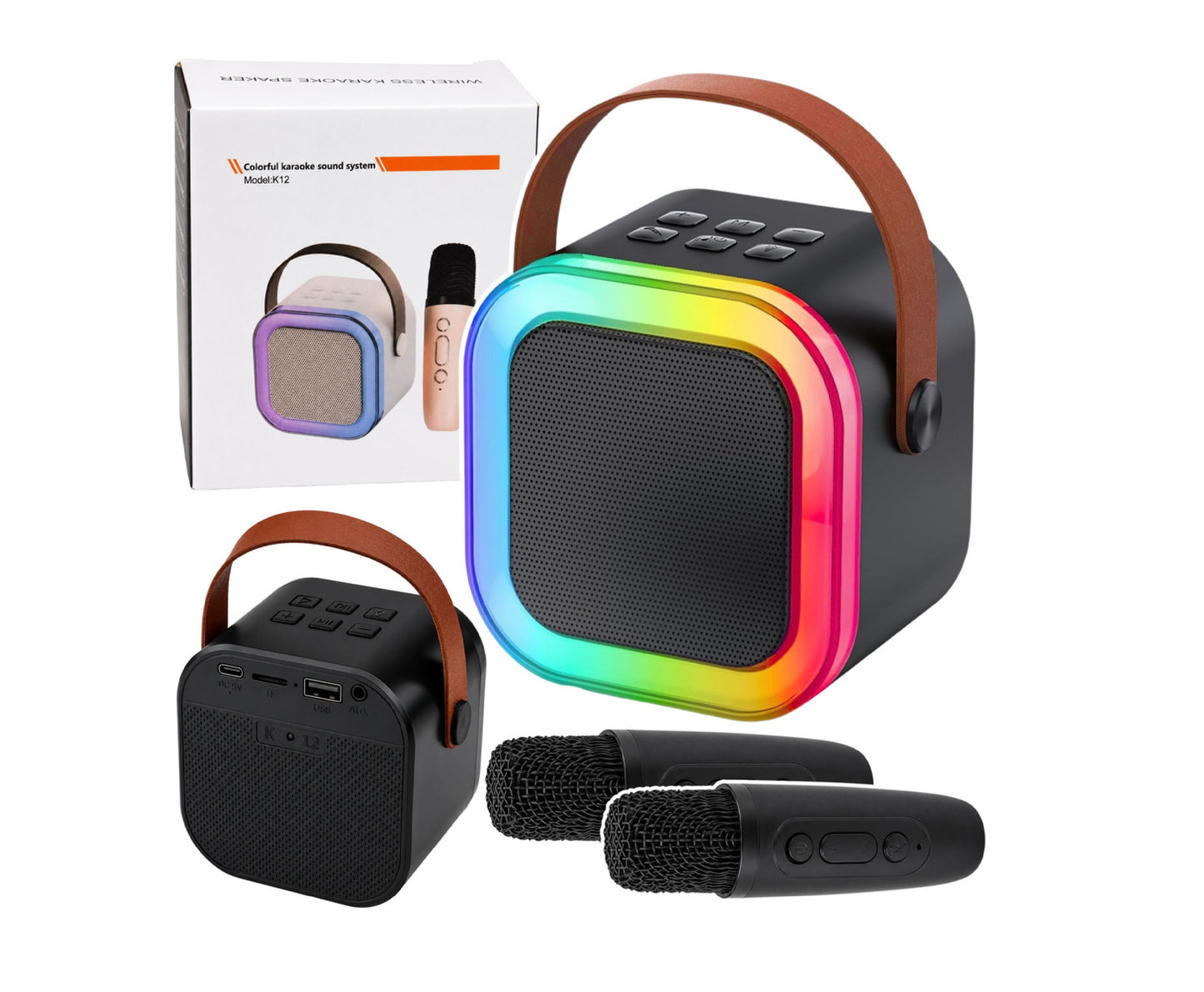 Set karaoke cu difuzor Bluetooth cu 2 microfoane si lumini LED, negru, Lean 31082