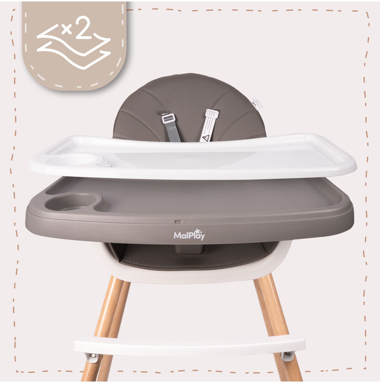 Scaun inalt 3 in 1 pentru hranire, reglabil, cu centuri de siguranta, MalPlay 113158