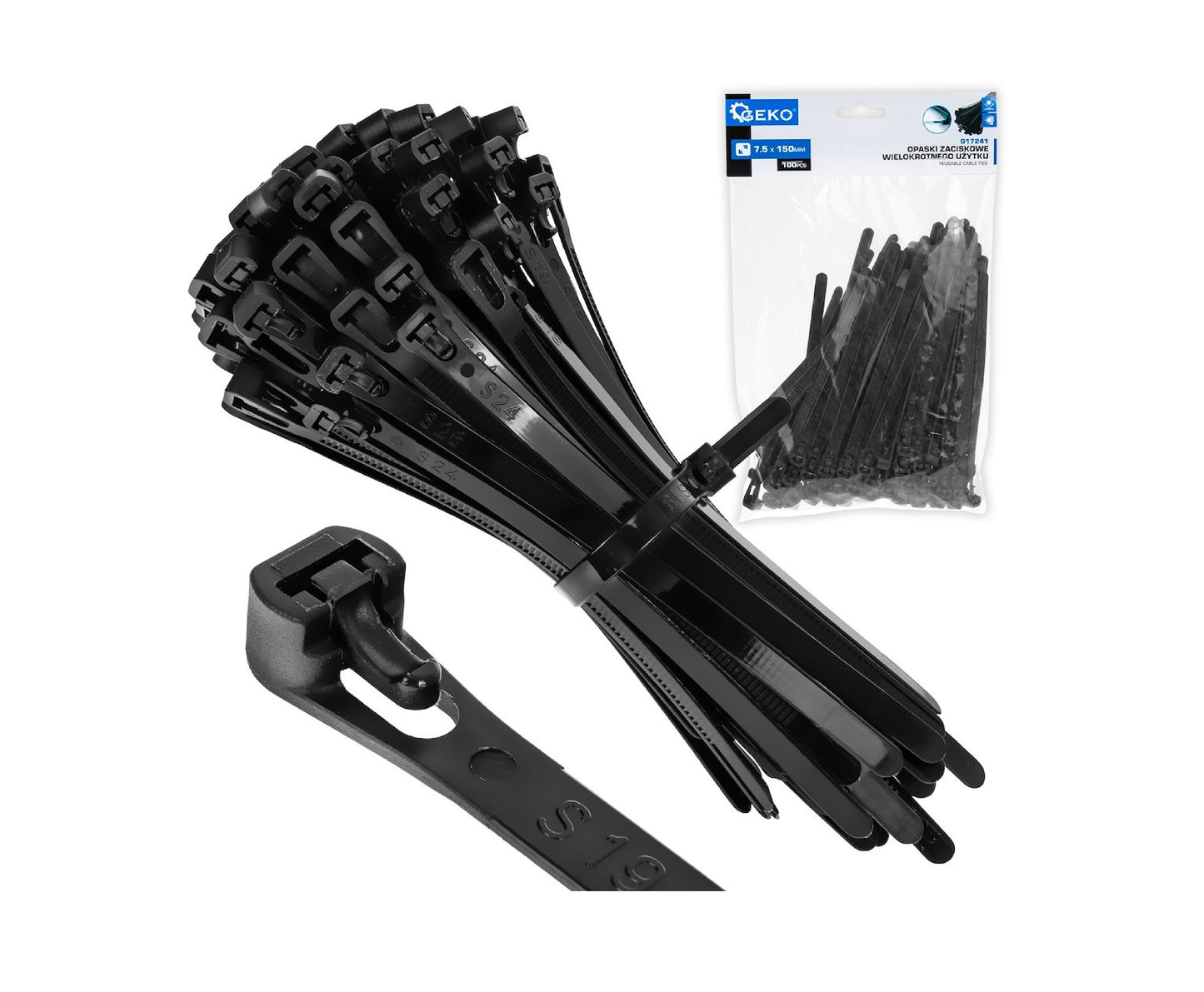 Set legaturi nylon reutilizabile, negru, 7,5x150mm, 100 bucati, Geko G17241