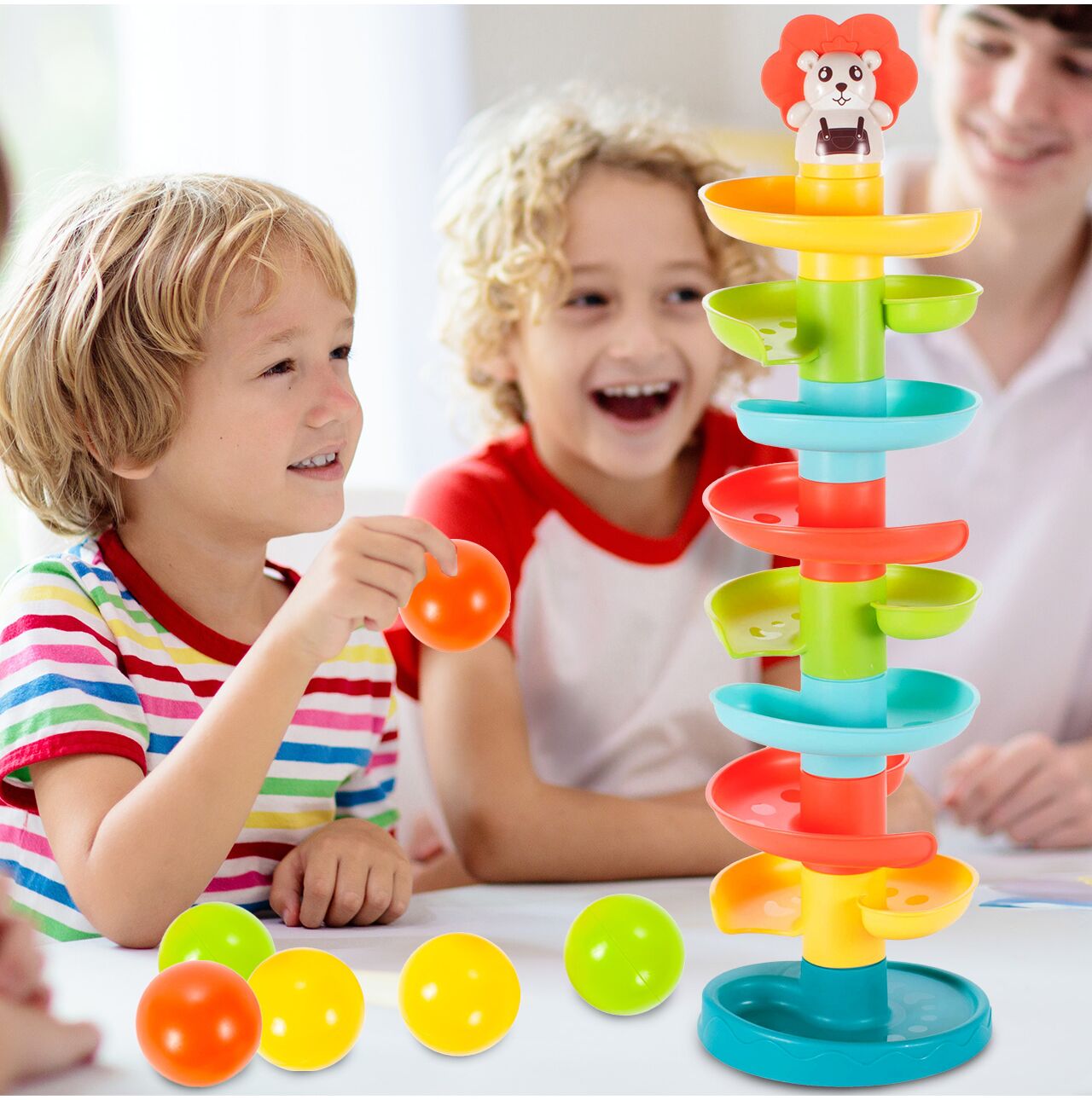 Jucarie pentru copii tobogan spiralat multicolor, inaltime 60 cm, 6 bilute, MalPlay 108092