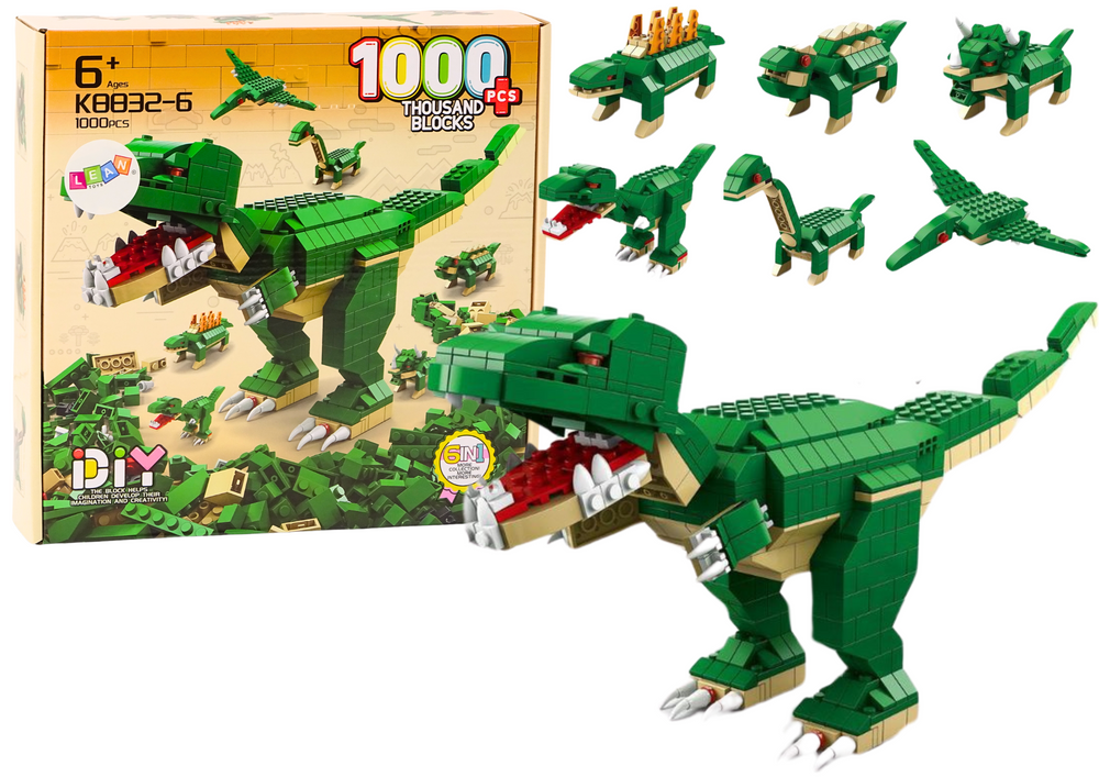 Set de constructii dinozauri 6 in 1, 1000 piese, 28 x 28 x 6 cm, Lean 18319