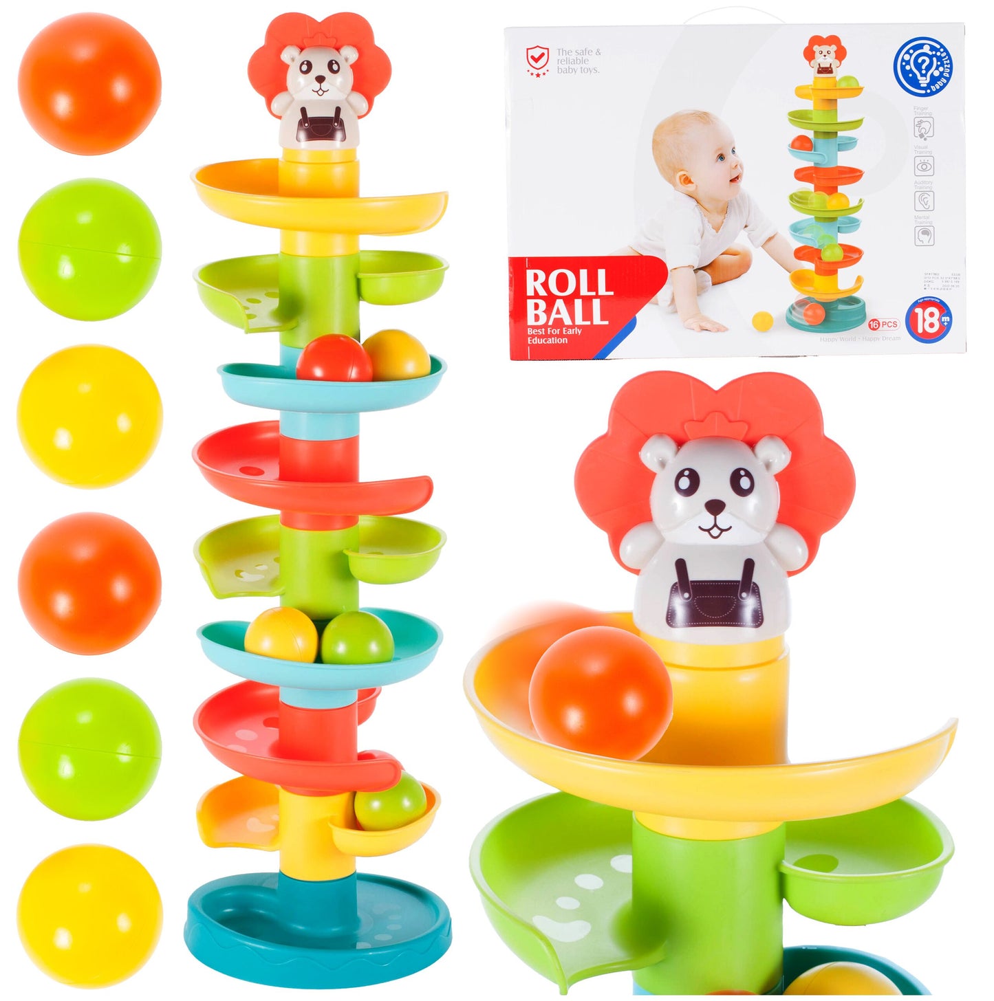 Jucarie pentru copii tobogan spiralat multicolor, inaltime 60 cm, 6 bilute, MalPlay 108092