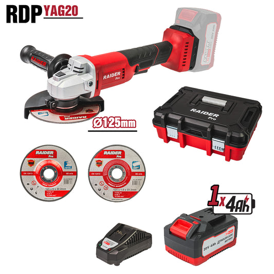 Polizor unghiular cu acumulator RDP-YAG20 125 mm 4 Ah, 2 discuri, Raider 030250