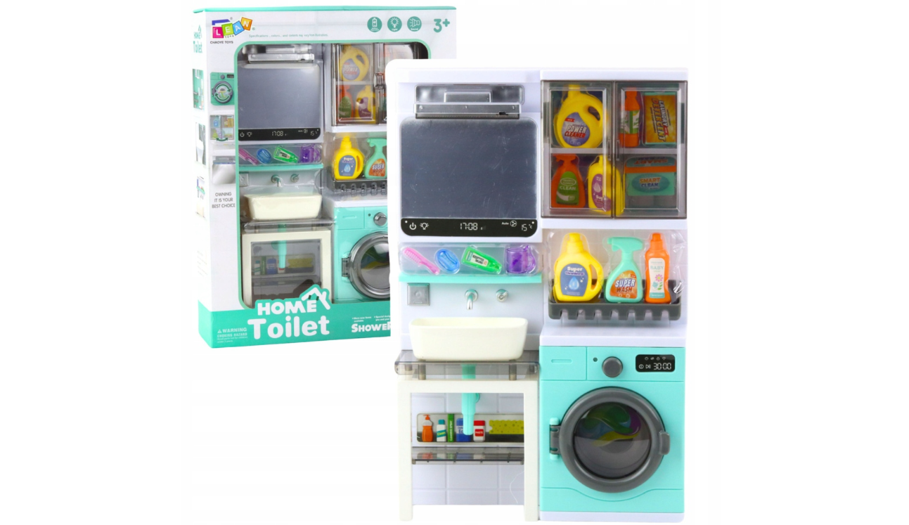 Set baie de jucarie, chiuveta cu oglinda, masina de spalat, efecte de lumina si sunet, 21 x 32 x 6 cm, Lean 23348